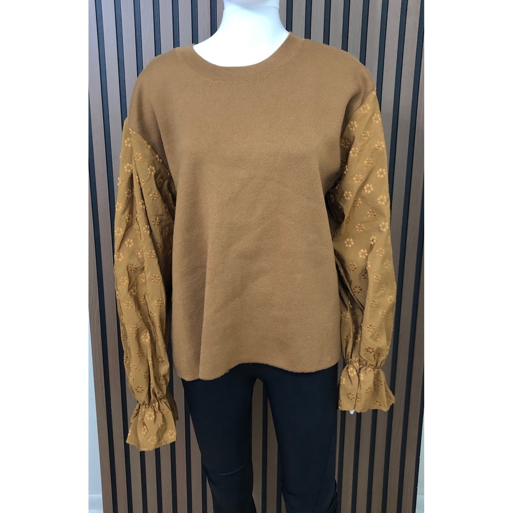 Anthropologie Embroidered Sleeve Sweater‎ Camel Brown Knit Crew Neck Pullover XL